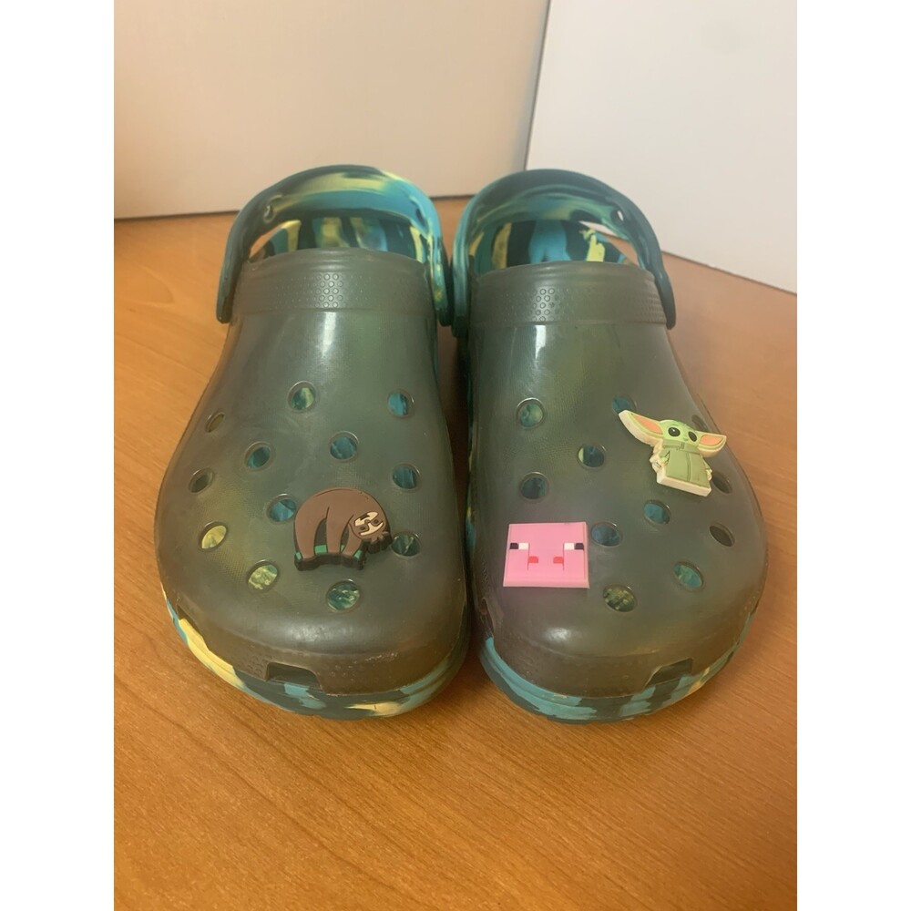 Crocs Classic Translucent Clogs M5/W7 Blue Marbled W/ 3 Jibbitz